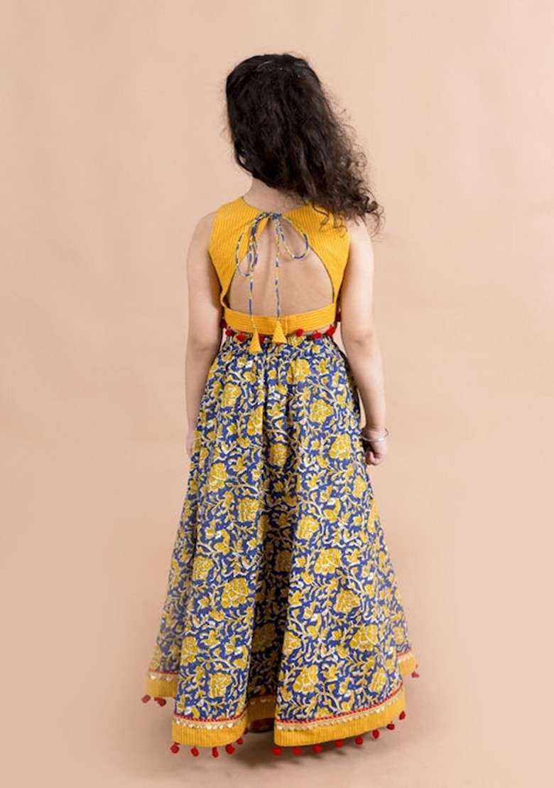 Yellow Cotton Lehenga With Blouse With Dupatta (Set of 3) - Indya
