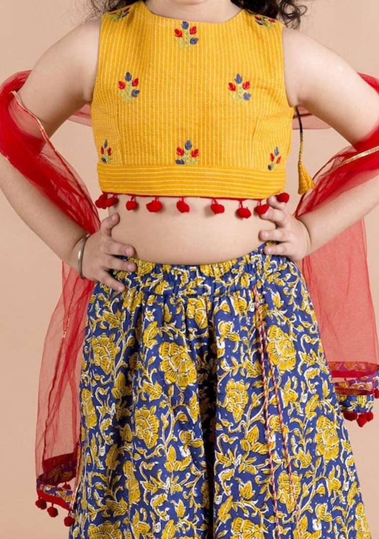 Yellow Cotton Lehenga With Blouse With Dupatta (Set of 3) - Indya
