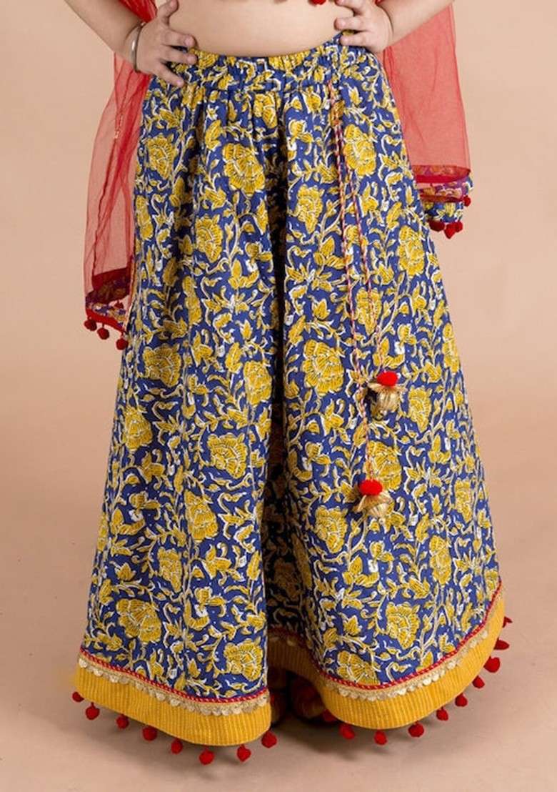 Yellow Cotton Lehenga With Blouse With Dupatta (Set of 3) - Indya
