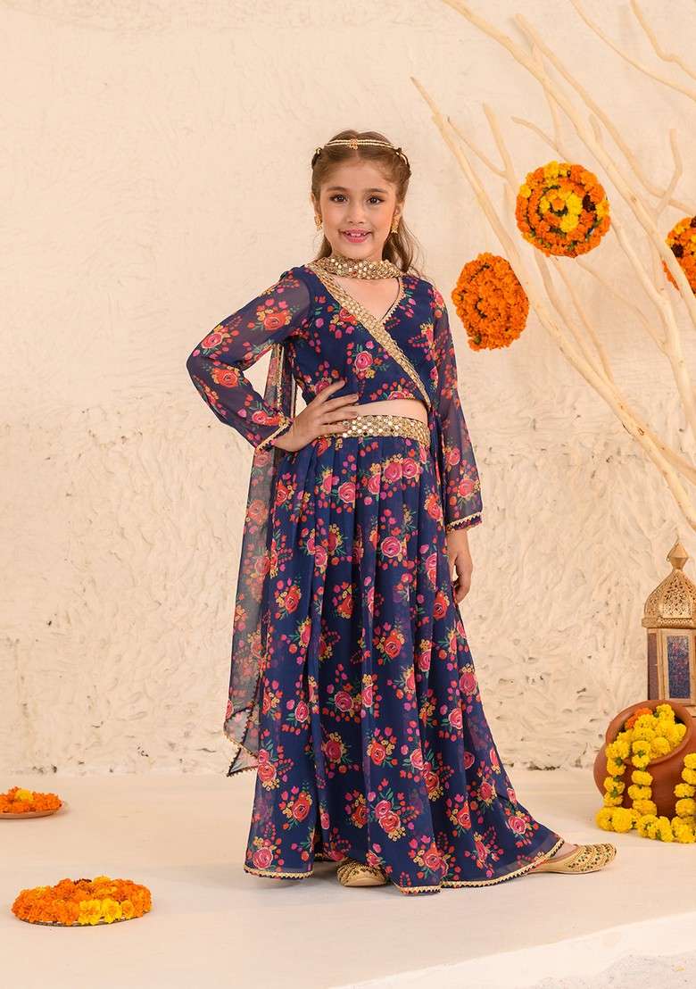 Navy Printed Lehenga With Blouse With Dupatta (Set of 3) - Indya