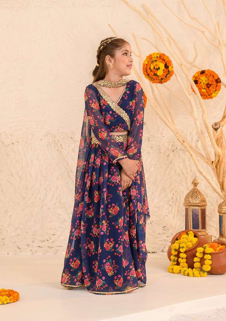 Navy Printed Lehenga With Blouse With Dupatta (Set of 3) - Indya