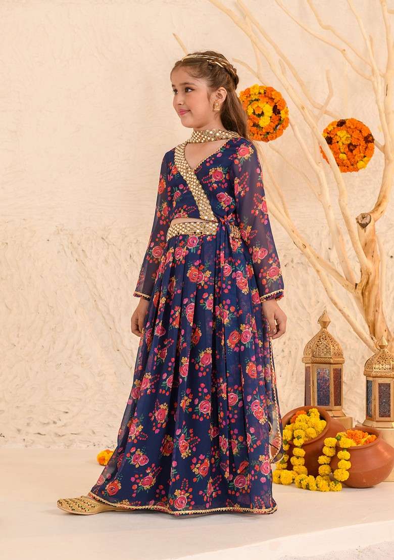 Navy Printed Lehenga With Blouse With Dupatta (Set of 3) - Indya