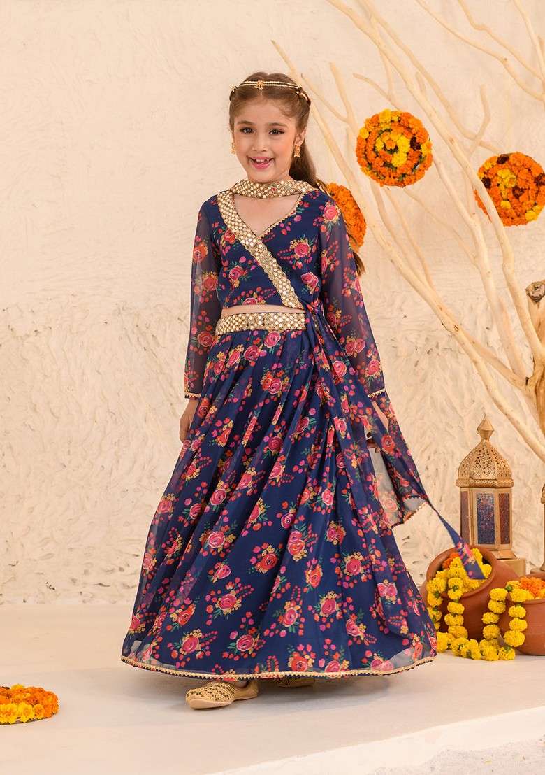 Navy Printed Lehenga With Blouse With Dupatta (Set of 3) - Indya