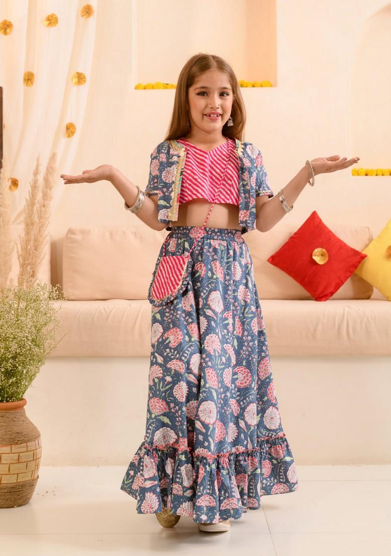 Navy Blue Printed Lehenga With Blouse With Dupatta (Set of 3)