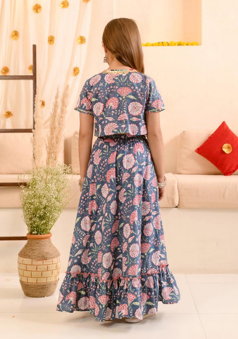 Navy Blue Printed Lehenga With Blouse With Dupatta (Set of 3)