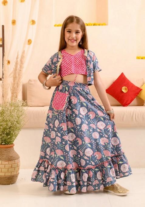 Navy Blue Printed Lehenga With Blouse With Dupatta (Set of 3)