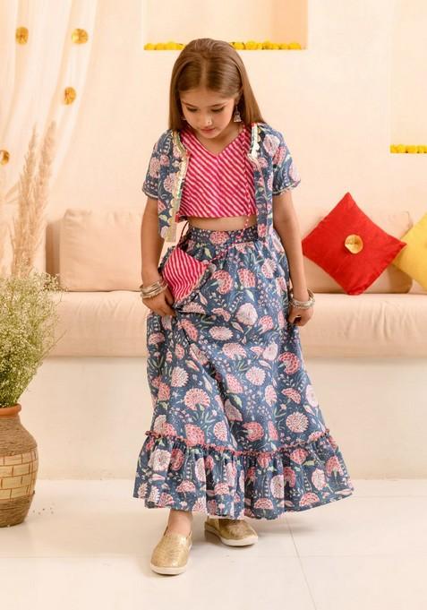 Navy Blue Printed Lehenga With Blouse With Dupatta (Set of 3)