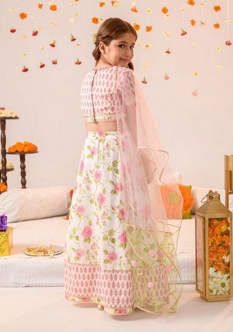 Off White Printed Lehenga With Blouse With Dupatta (Set of 3)