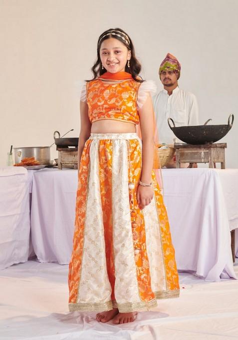 Orange Printed Lehenga With Blouse With Dupatta (Set of 3)