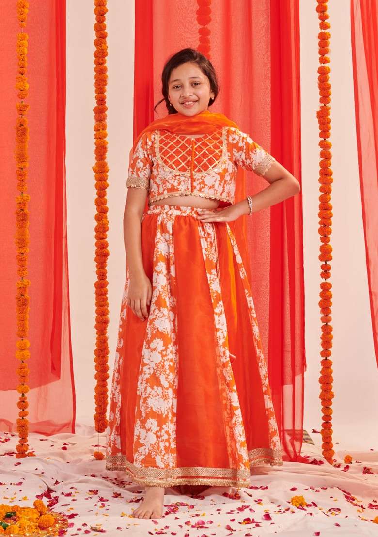 Orange Printed Lehenga With Blouse With Dupatta (Set of 3) - Indya