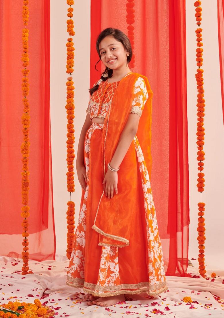 Orange Printed Lehenga With Blouse With Dupatta (Set of 3)