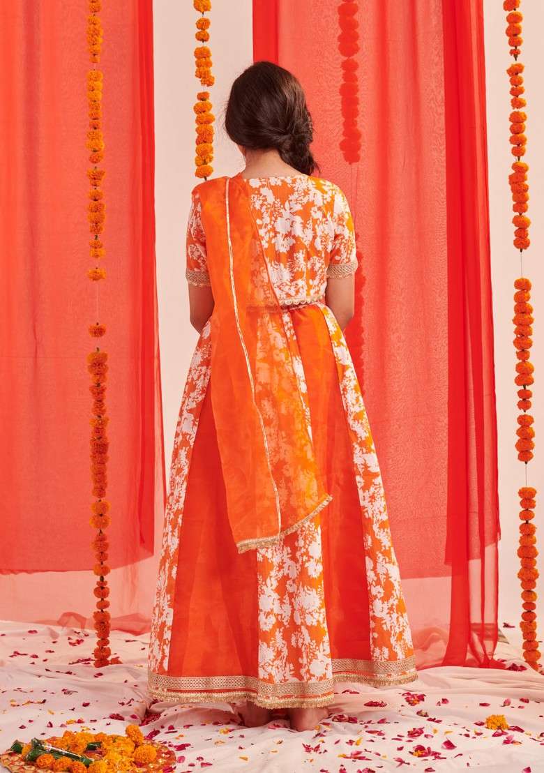 Orange Printed Lehenga With Blouse With Dupatta (Set of 3) - Indya