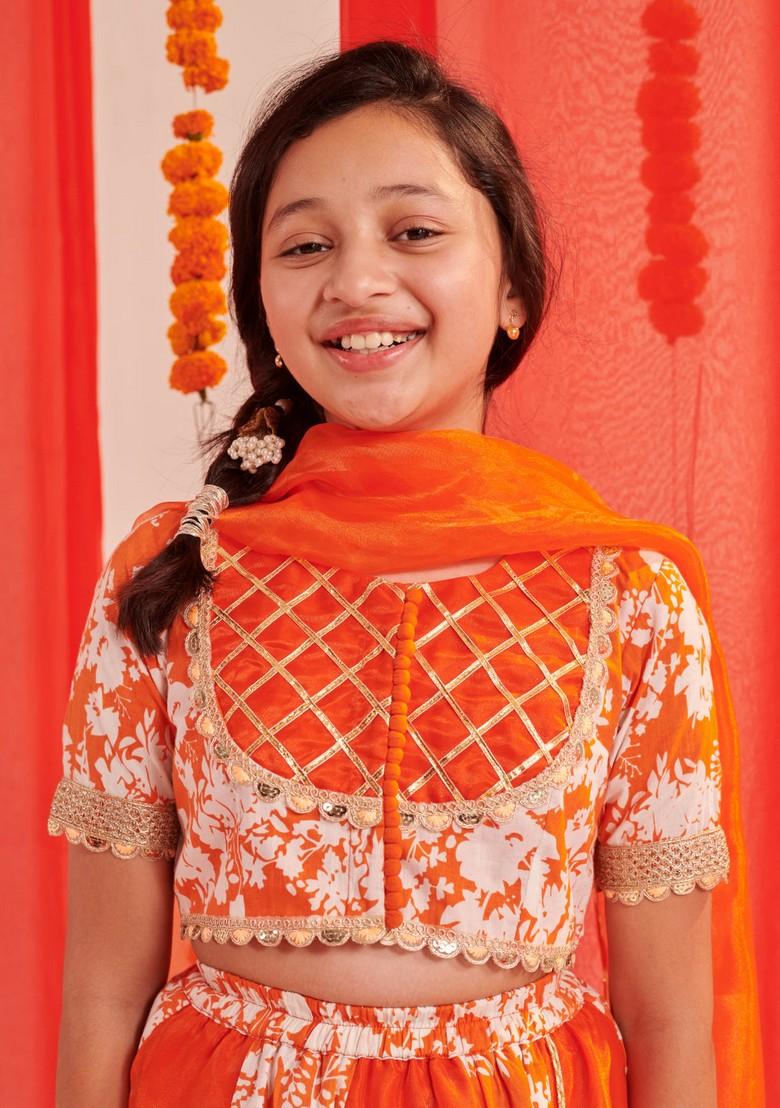 Orange Printed Lehenga With Blouse With Dupatta (Set of 3)