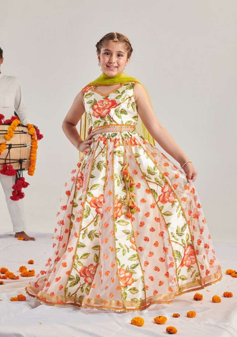 Orange Printed Lehenga With Blouse With Dupatta (Set of 3) - Indya