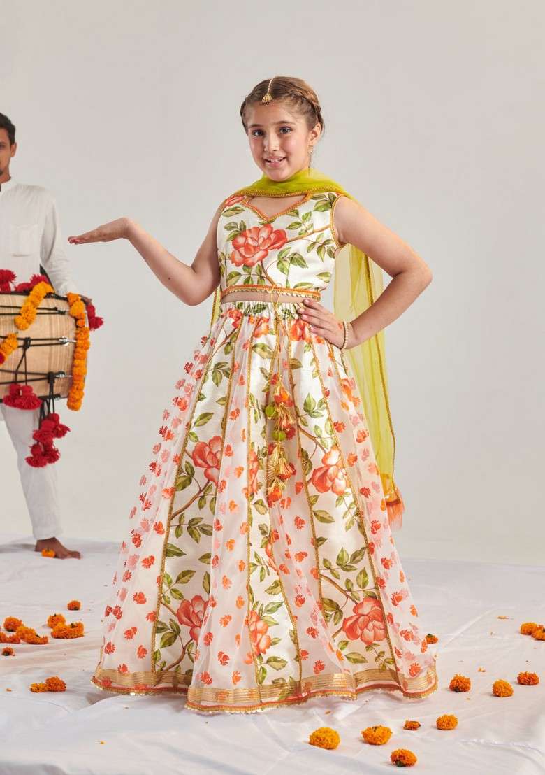 Orange Printed Lehenga With Blouse With Dupatta (Set of 3) - Indya