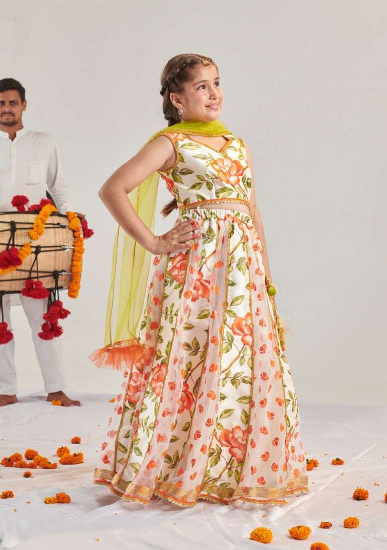 Orange Printed Lehenga With Blouse With Dupatta (Set of 3) - Indya