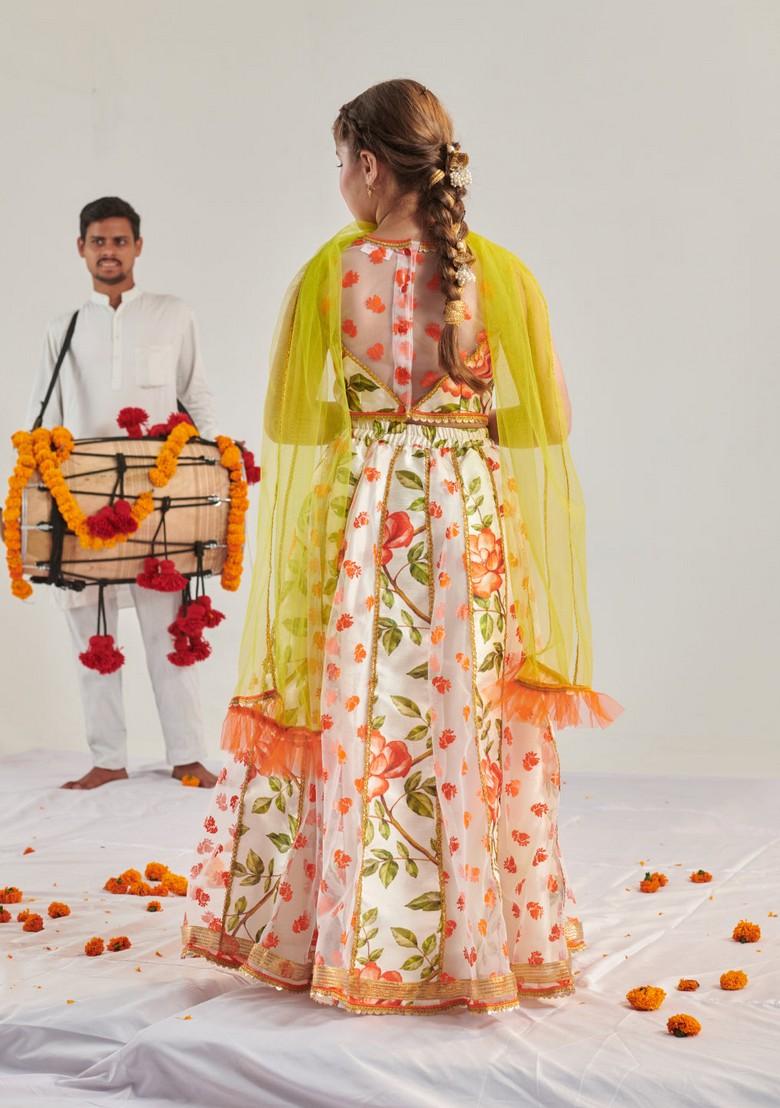 Orange Printed Lehenga With Blouse With Dupatta (Set of 3) - Indya