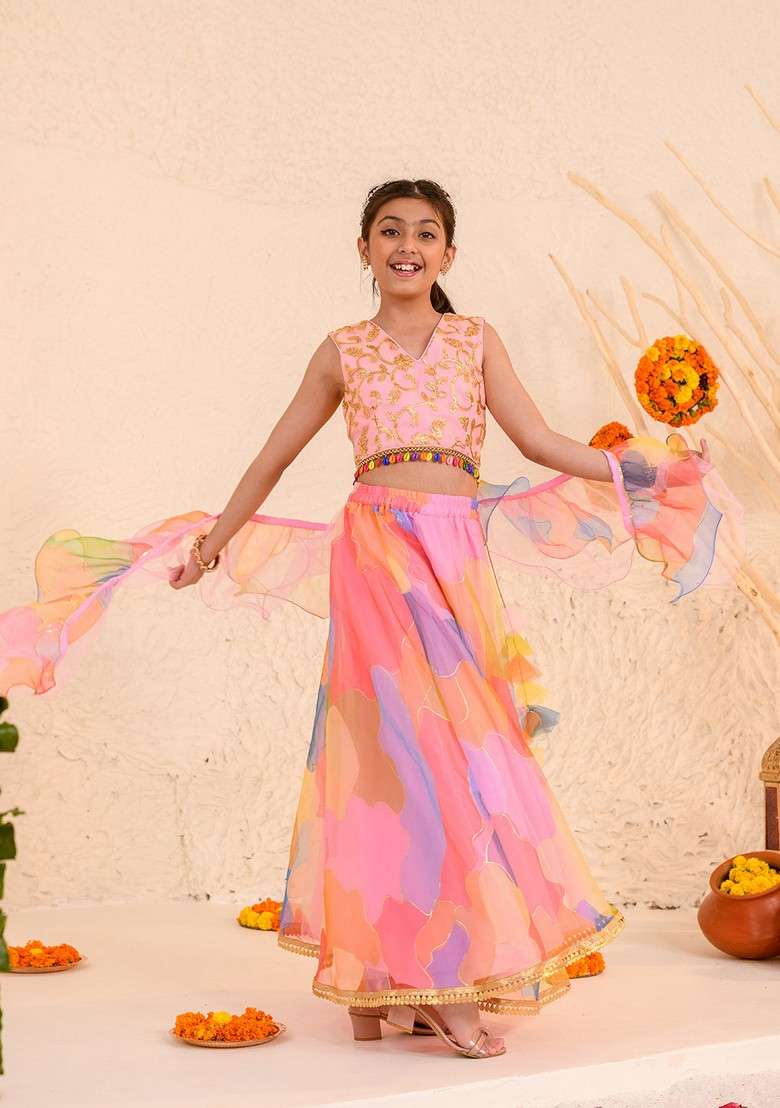 Orange Embellished Lehenga With Blouse With Dupatta (Set of 3) - Indya