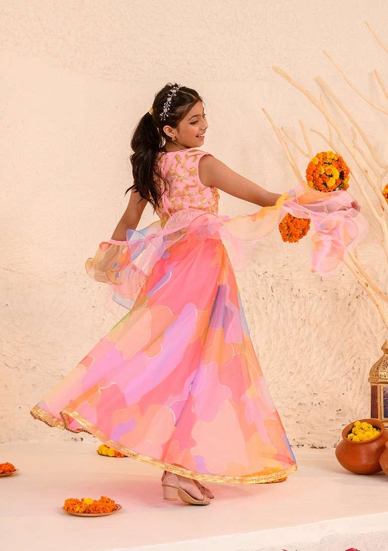 Orange Embellished Lehenga With Blouse With Dupatta (Set of 3) - Indya