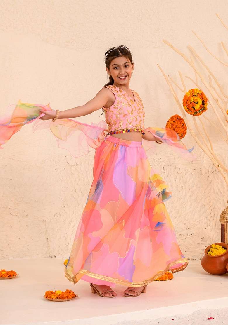 Orange Embellished Lehenga With Blouse With Dupatta (Set of 3) - Indya