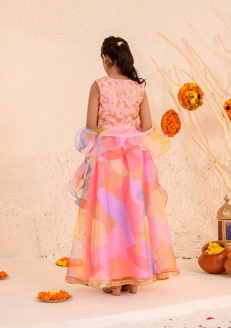 Orange Embellished Lehenga With Blouse With Dupatta (Set of 3) - Indya