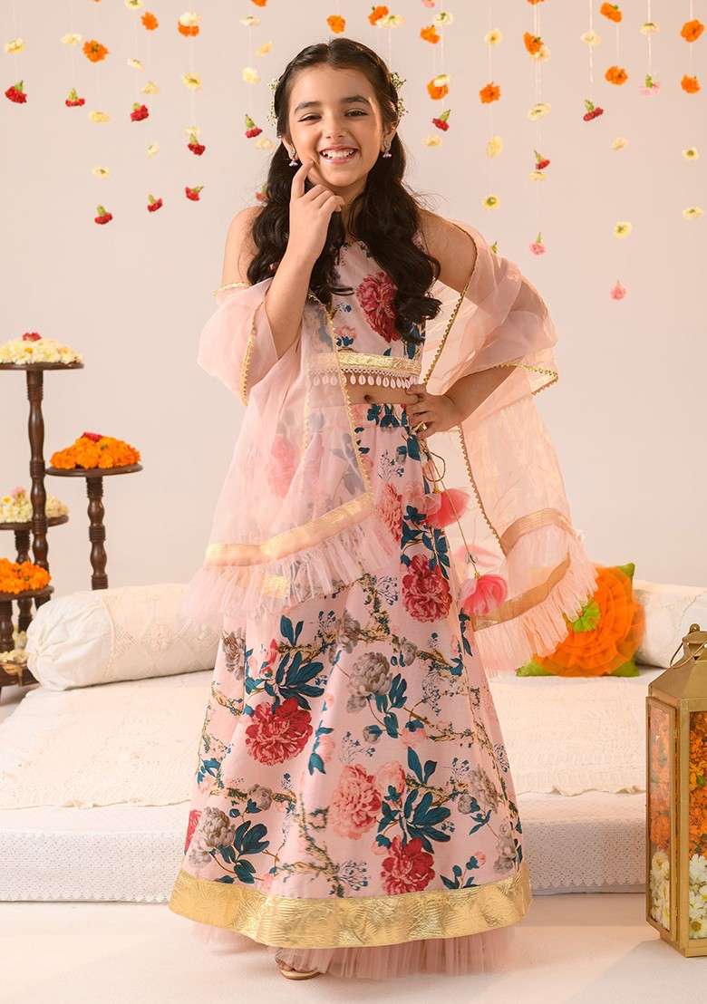 Peach Printed Lehenga With Blouse With Dupatta (Set of 3) - Indya