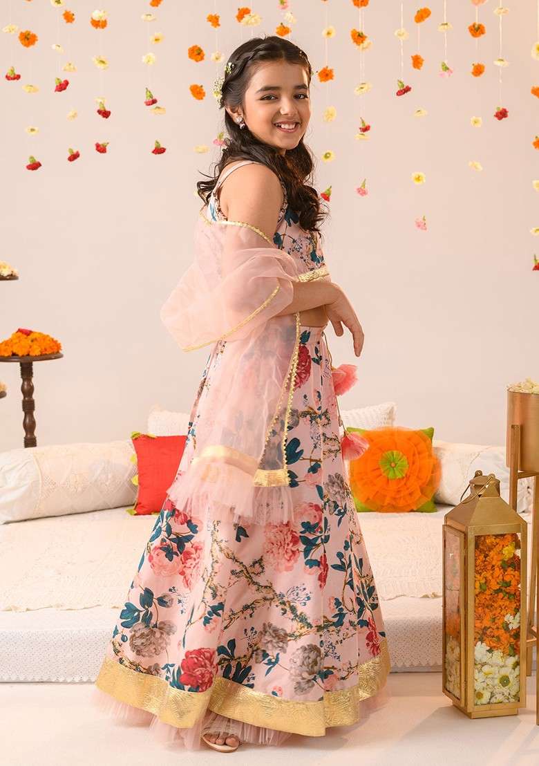 Peach Printed Lehenga With Blouse With Dupatta (Set of 3) - Indya