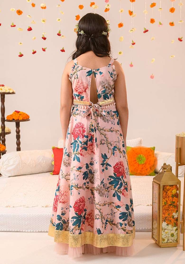 Peach Printed Lehenga With Blouse With Dupatta (Set of 3) - Indya