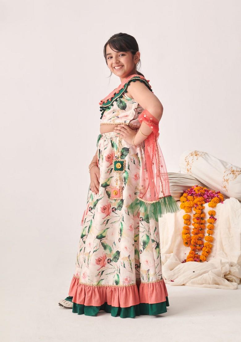 Peach Printed Lehenga With Blouse With Dupatta (Set of 3)