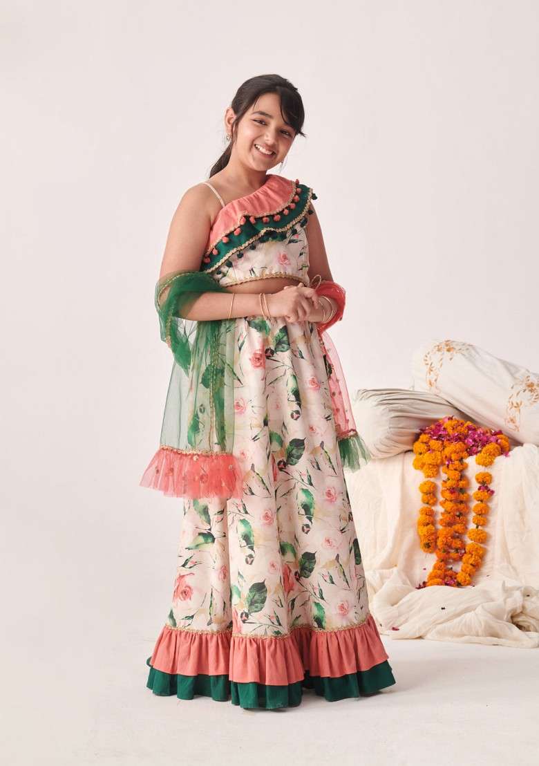Peach Printed Lehenga With Blouse With Dupatta (Set of 3) - Indya
