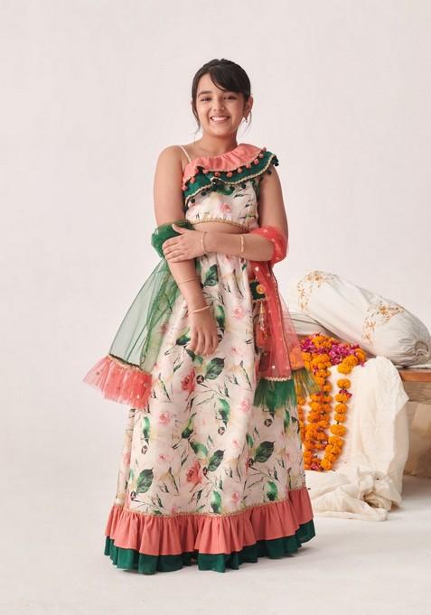 Peach Printed Lehenga With Blouse With Dupatta (Set of 3)