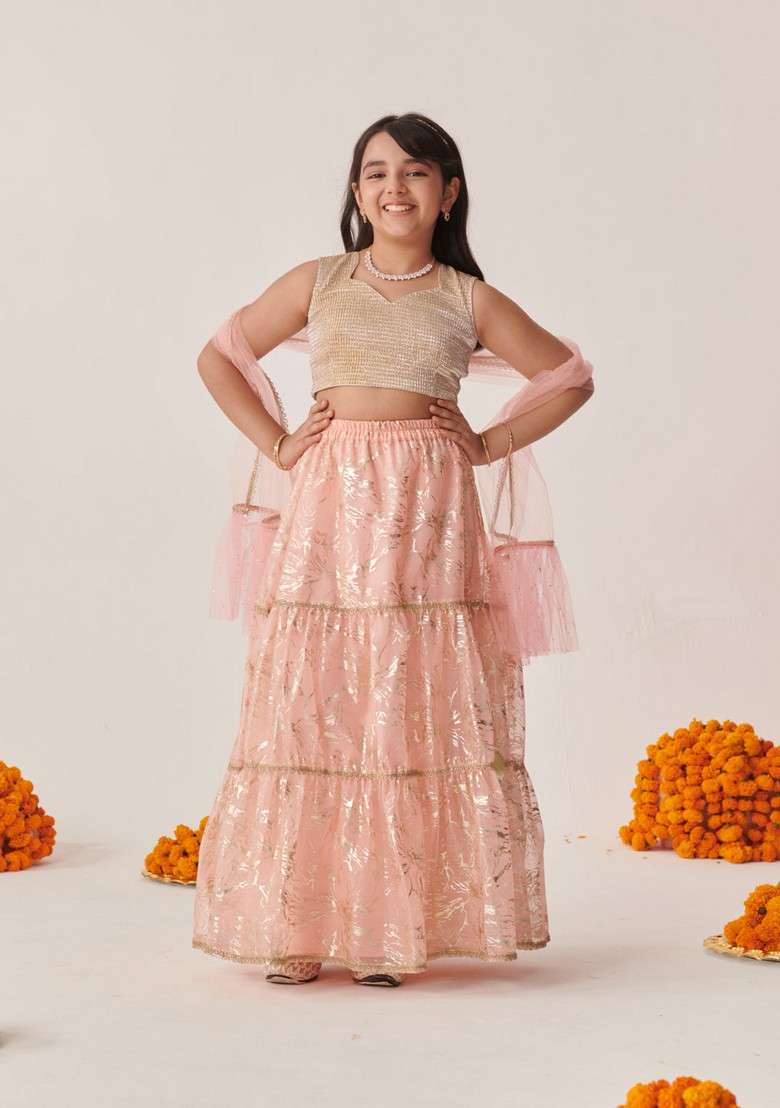 Peach Printed Lehenga With Blouse With Dupatta (Set of 3) - Indya