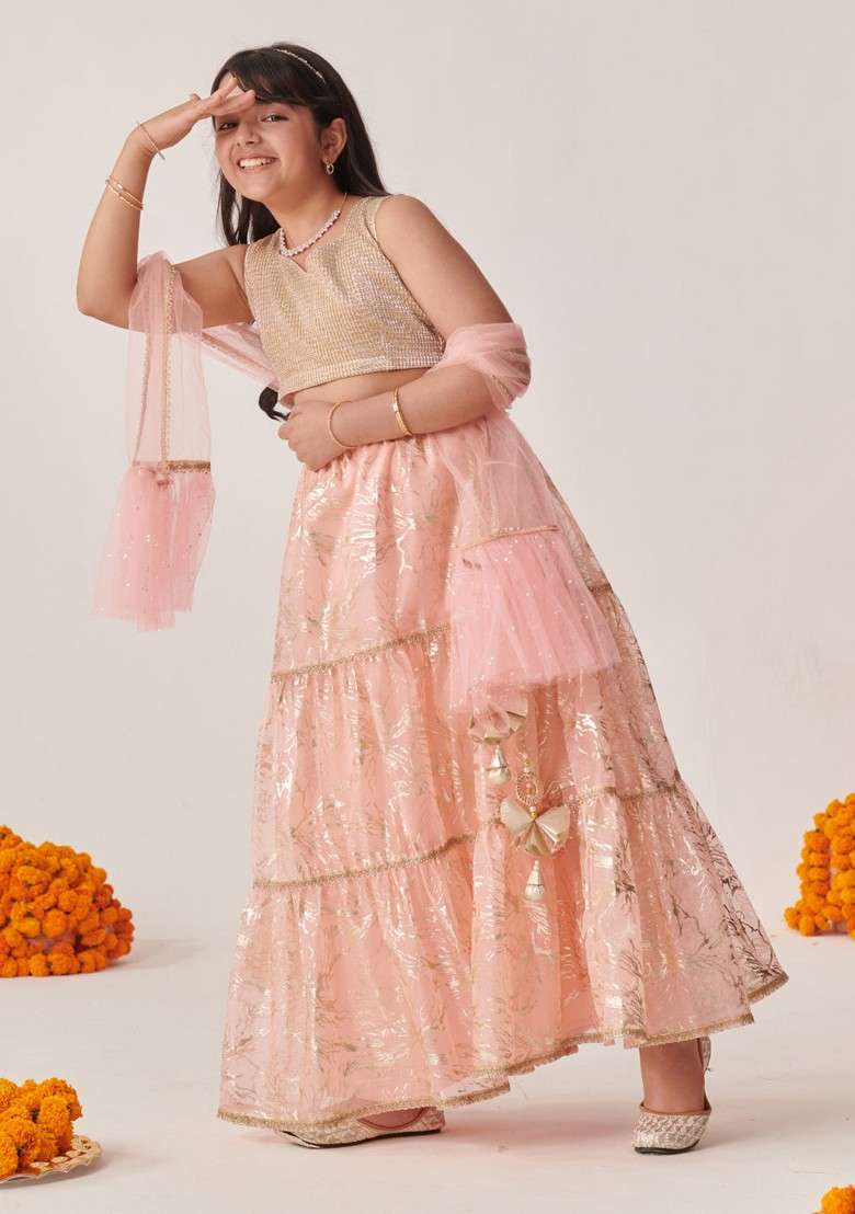 Peach Printed Lehenga With Blouse With Dupatta (Set of 3) - Indya