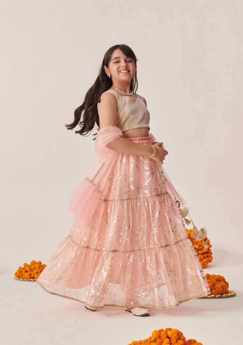 Peach Printed Lehenga With Blouse With Dupatta (Set of 3) - Indya