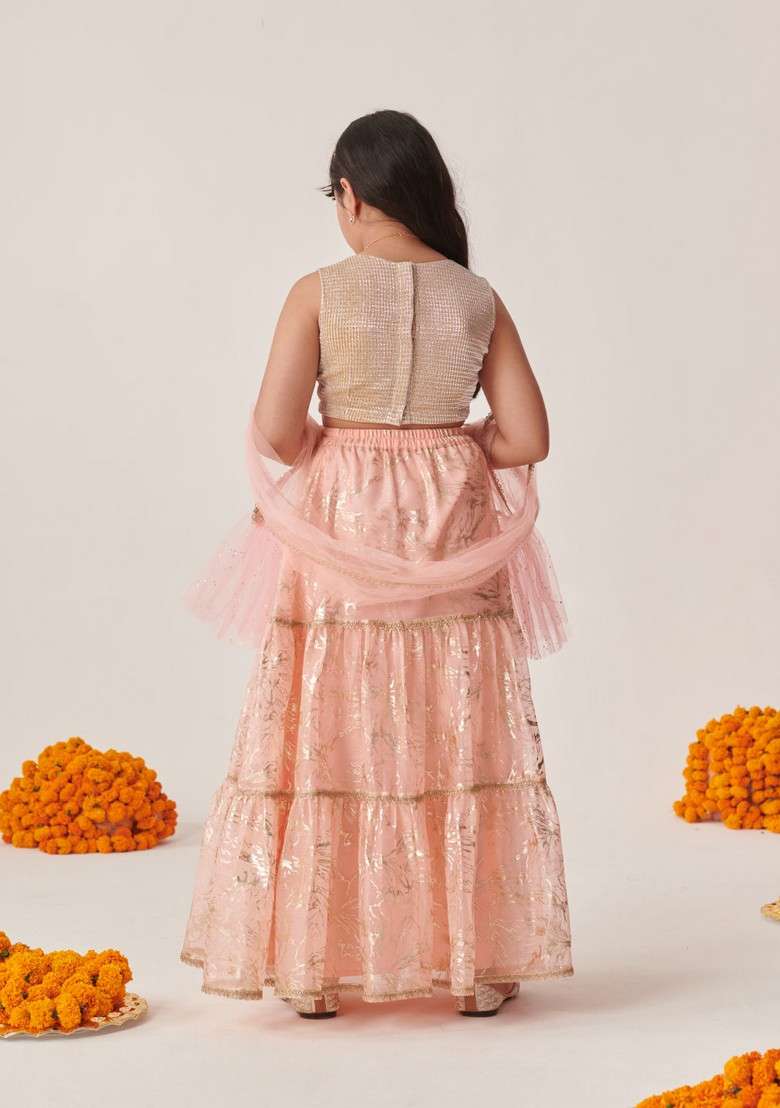 Peach Printed Lehenga With Blouse With Dupatta (Set of 3) - Indya