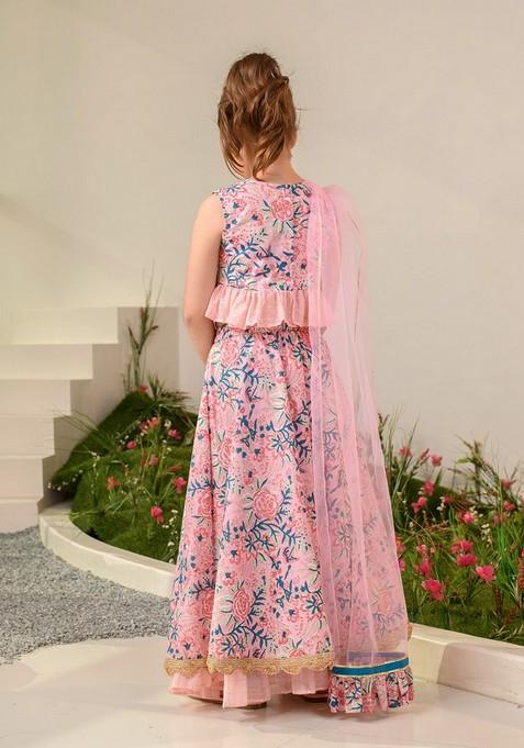 Pink Printed Lehenga With Blouse With Dupatta (Set of 3)