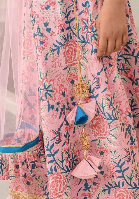 Pink Printed Lehenga With Blouse With Dupatta (Set of 3)