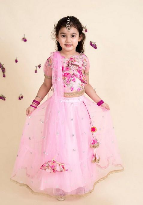 Pink Embellished Lehenga With Blouse With Dupatta (Set of 3)