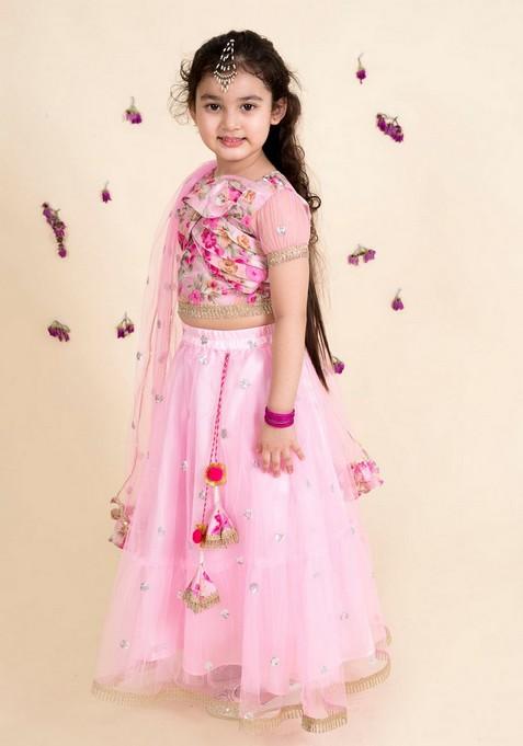 Pink Embellished Lehenga With Blouse With Dupatta (Set of 3)