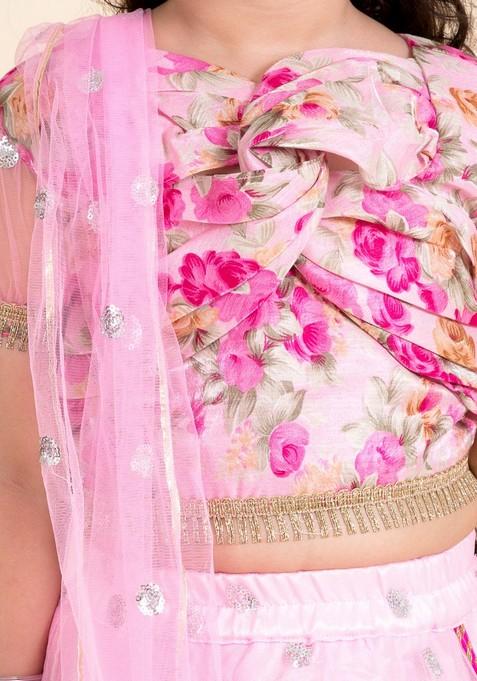 Pink Embellished Lehenga With Blouse With Dupatta (Set of 3)