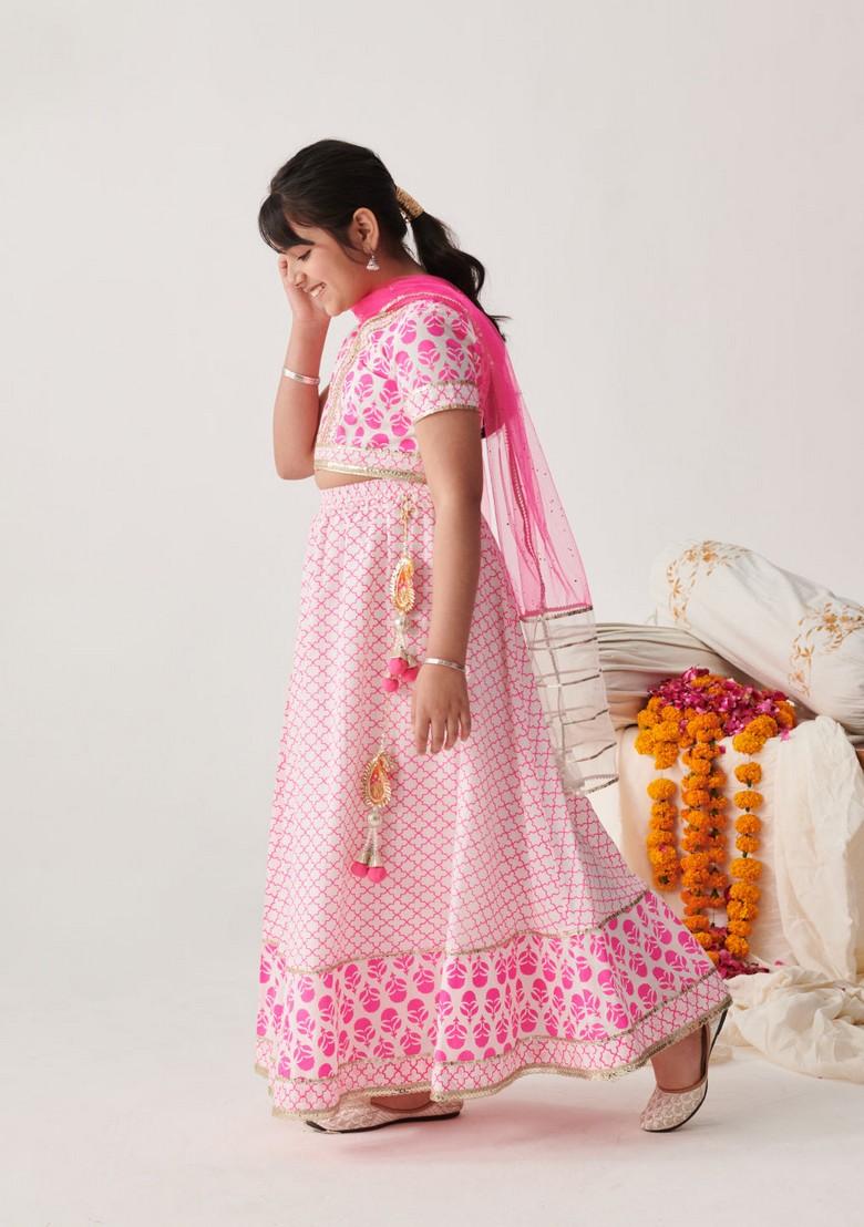 Pink Printed Lehenga With Blouse With Dupatta (Set of 3)