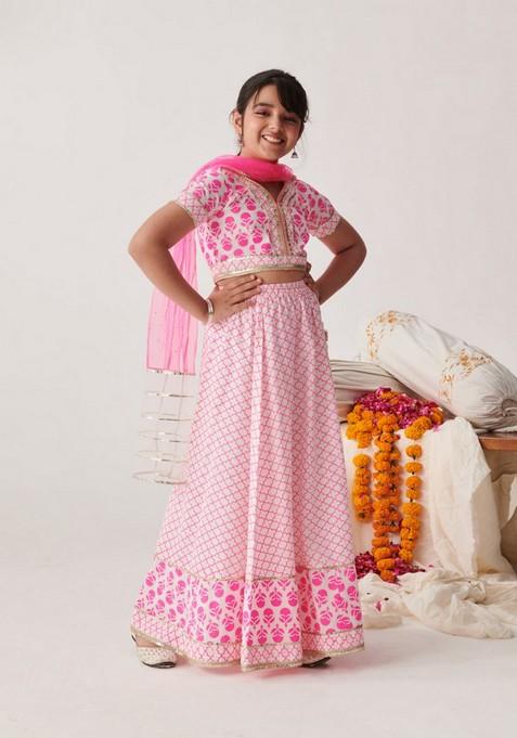 Pink Printed Lehenga With Blouse With Dupatta (Set of 3)
