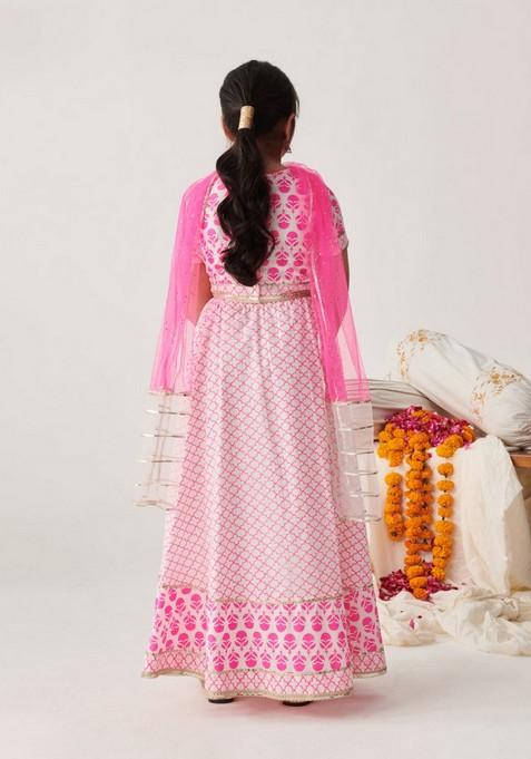 Pink Printed Lehenga With Blouse With Dupatta (Set of 3)