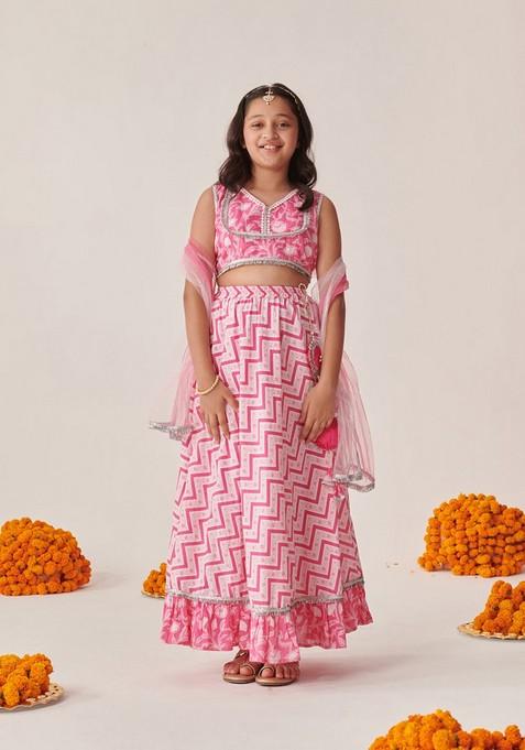 Pink Printed Lehenga With Blouse With Dupatta (Set of 3)