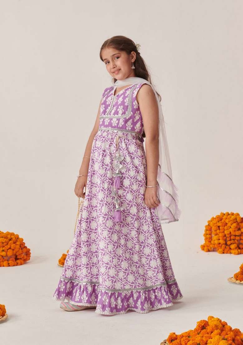 Purple Printed Lehenga With Blouse With Dupatta (Set of 3) - Indya