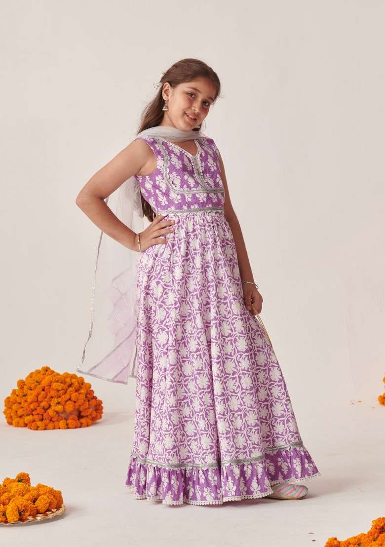 Purple Printed Lehenga With Blouse With Dupatta (Set of 3) - Indya