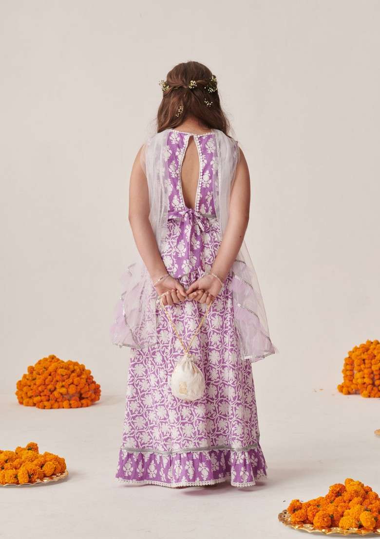Purple Printed Lehenga With Blouse With Dupatta (Set of 3) - Indya