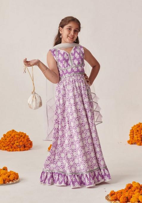 Purple Printed Lehenga With Blouse With Dupatta (Set of 3)