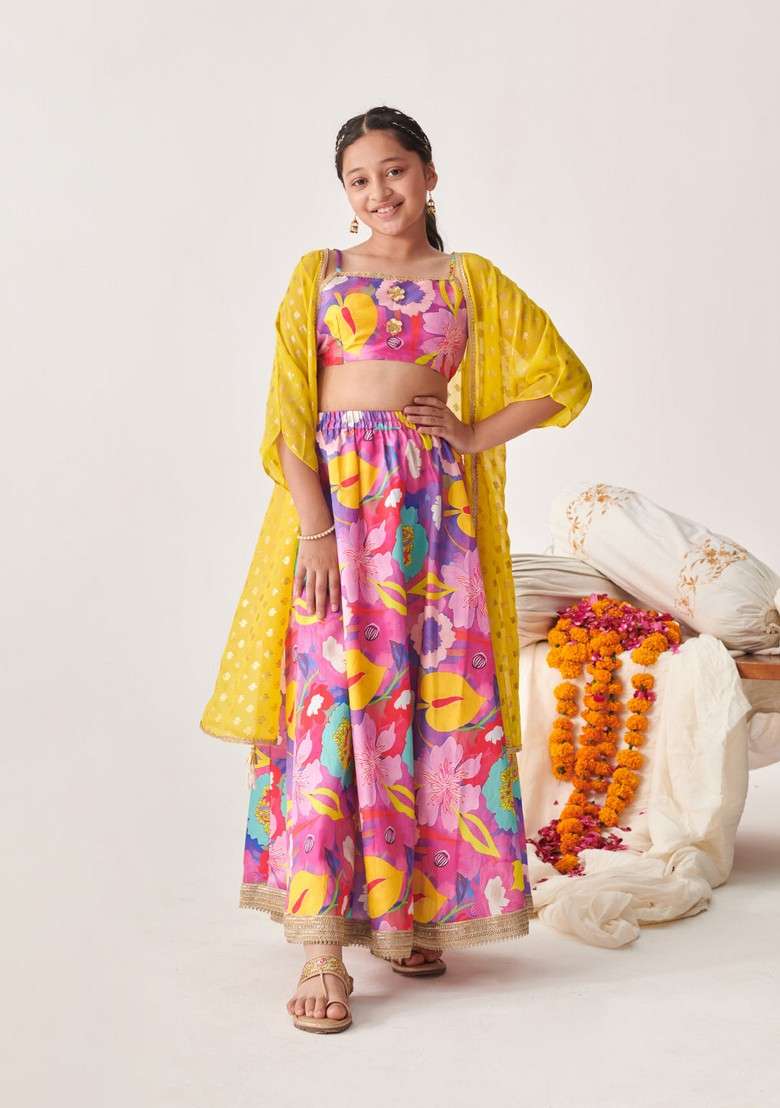 Purple Printed Lehenga With Blouse With Dupatta (Set of 3) - Indya