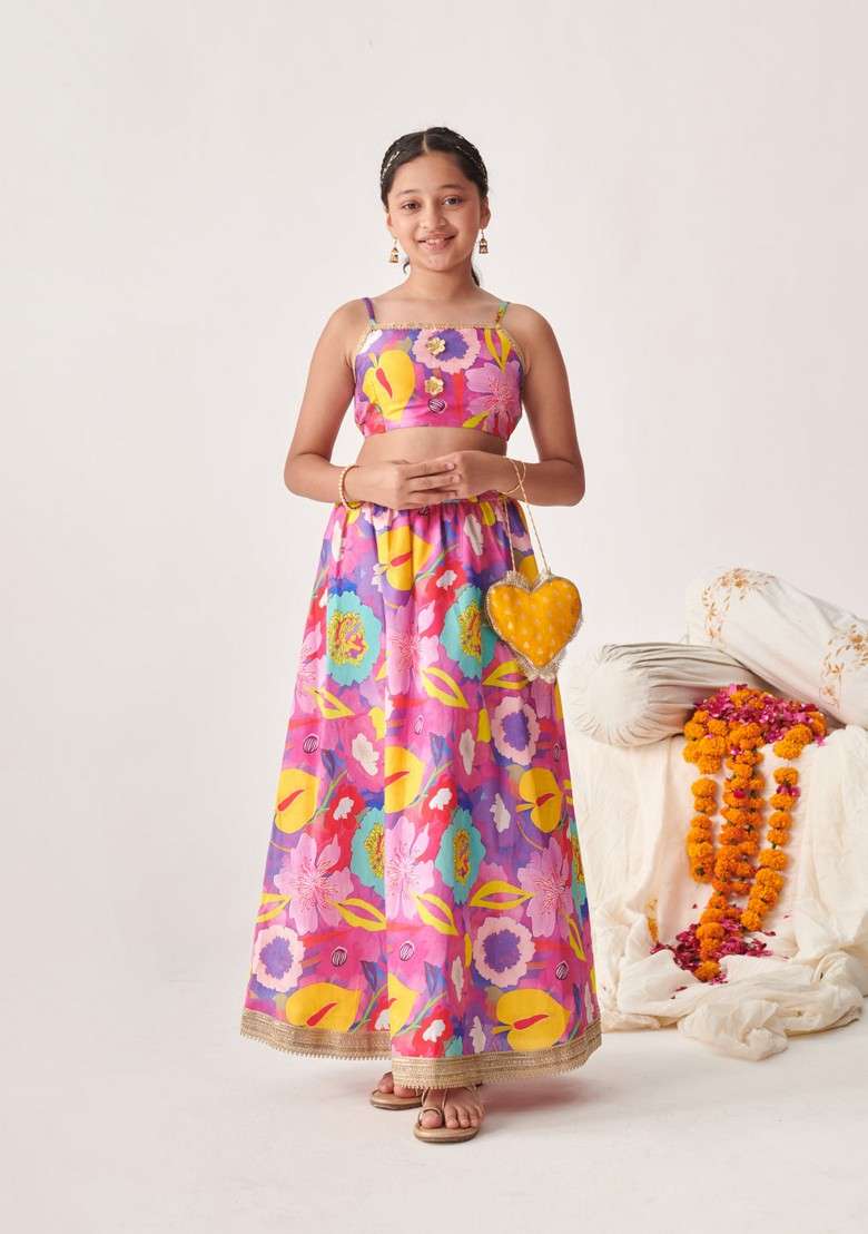 Purple Printed Lehenga With Blouse With Dupatta (Set of 3) - Indya